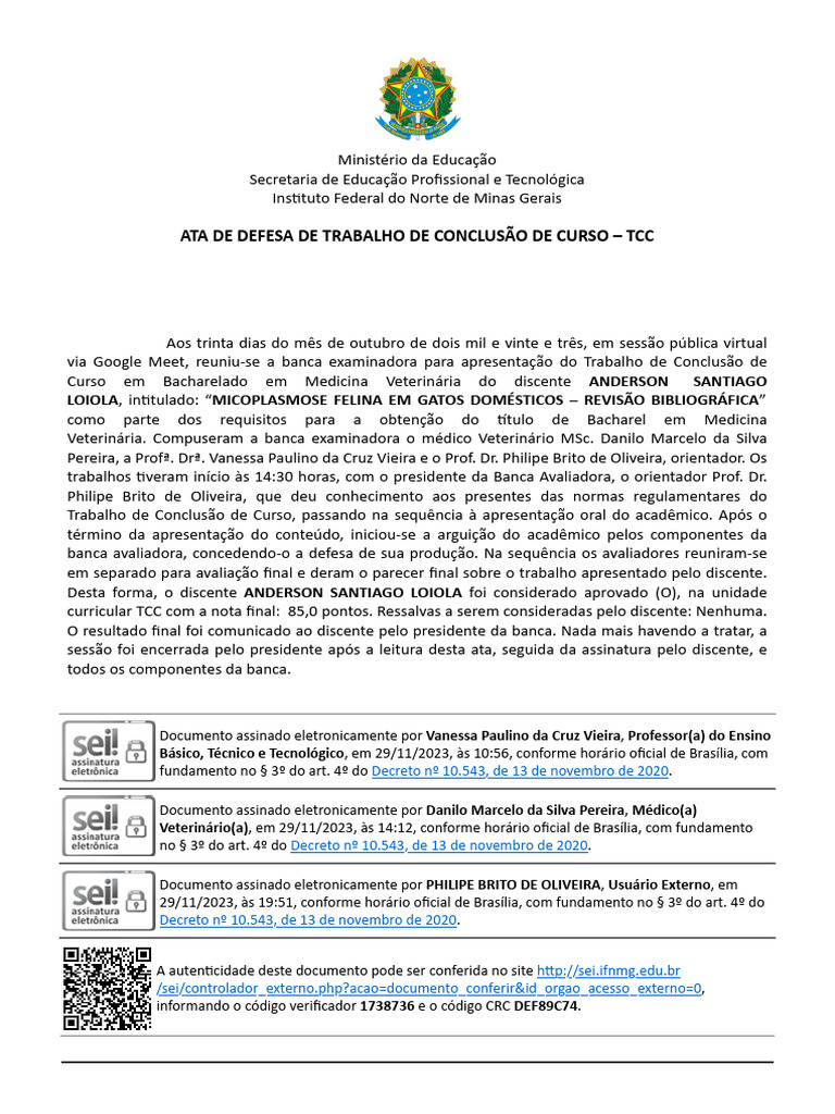 SEI - IFNMG - 1738736 - Ensino Ata de Defesa de TCC | PDF | Medicina ...