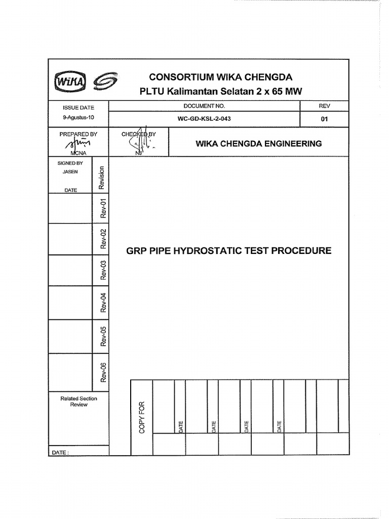 GRP Pipe Hydrostatic Test Procedure | PDF