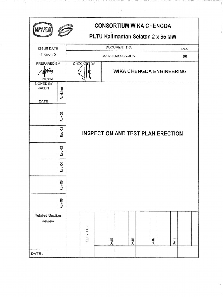 Inspection And test Plan Erection | PDF