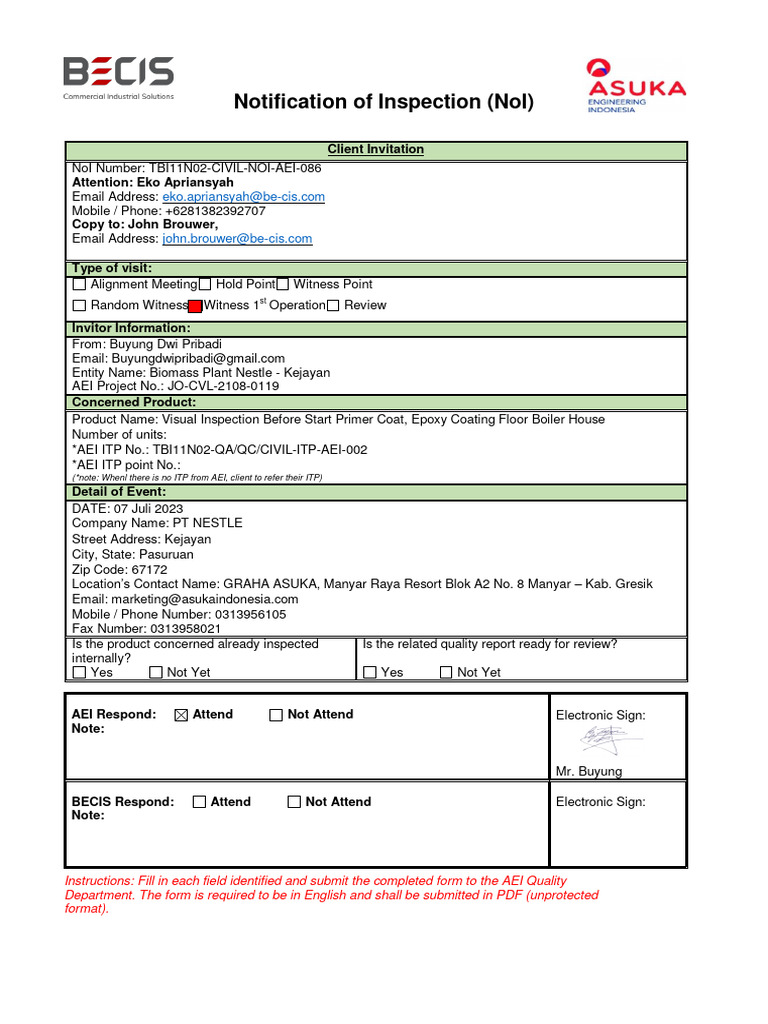 Inspection Notification for Biomass Plant | PDF | Business