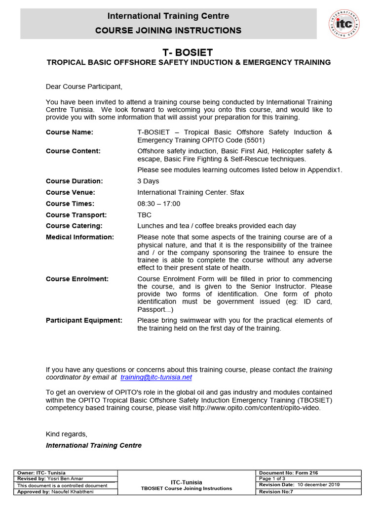 216 T BOSIET Course Joining Instructions Rev7 PDF Emergency
