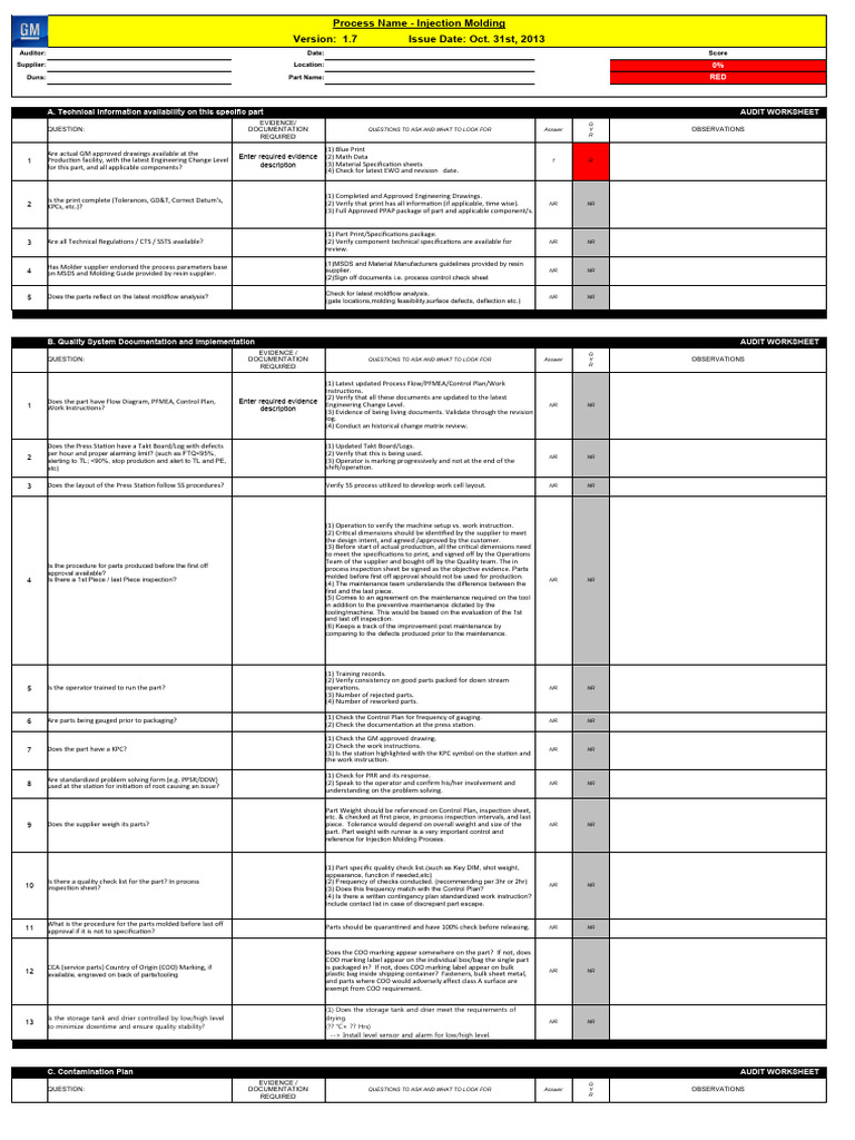 Injection Molding Audit Checklist | PDF | Specification (Technical ...