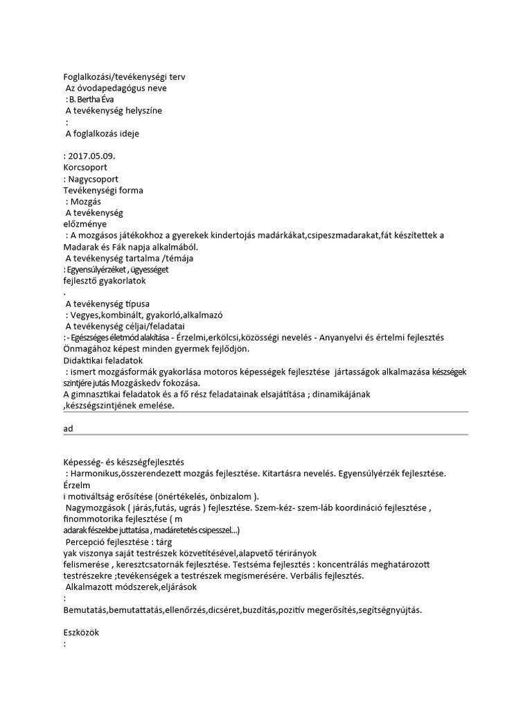 Foglalkozási Terv | PDF