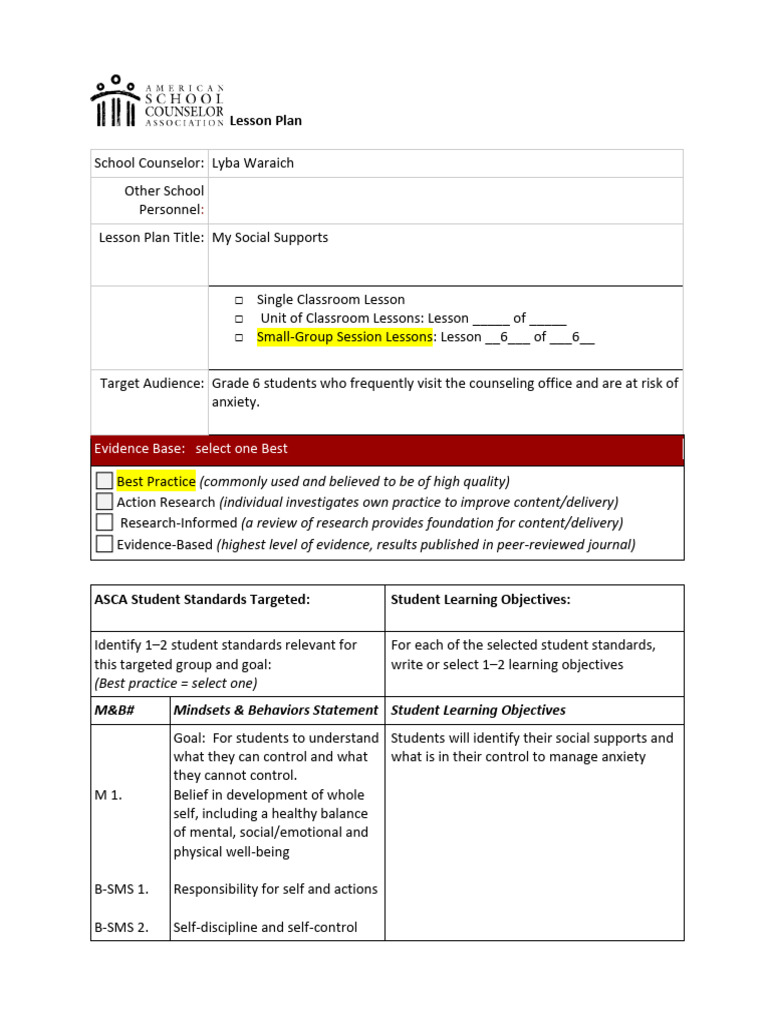 Grade 6 Social Supports Lesson Plan | PDF | School Counselor | Anxiety
