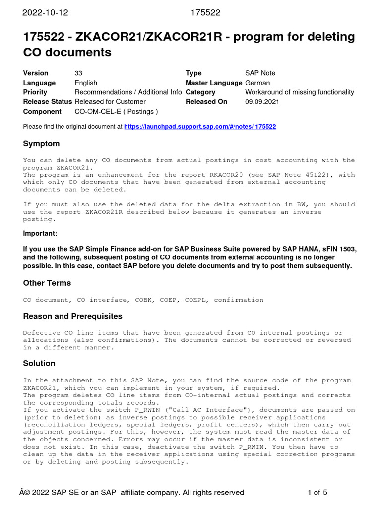 Delete CO Documents with ZKACOR21 | PDF | Computing | Software