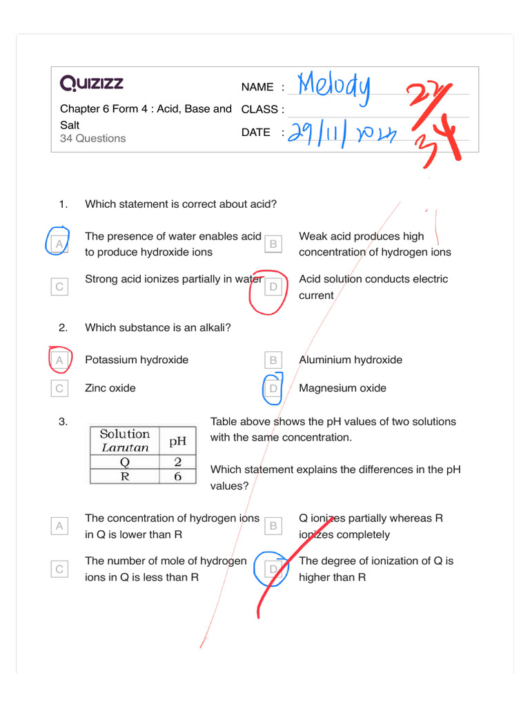 Melody Chapter 6 Form 4 Acid, Base and Salt 2 PDF Ph Acid