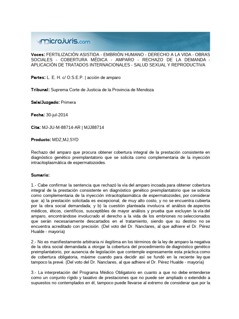 LEH Vs Osep. Fallo Corte Mendoza | PDF | Fertilización en vitro ...