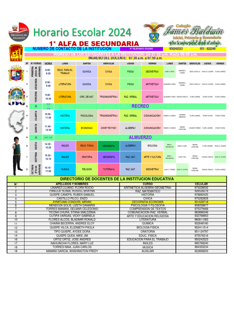 Horario Colegio 2024 Secundaria - Actualizado-1° Alfa | PDF