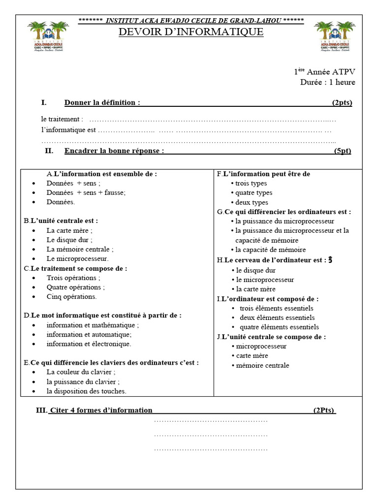 Devoir d'Informatique - 1ère Année ATPV | PDF | Informatique | Mémoire ...
