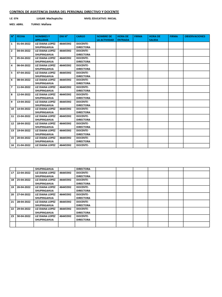 Control De Asistencia Diaria Del Personal Directivo Y Docente 2022