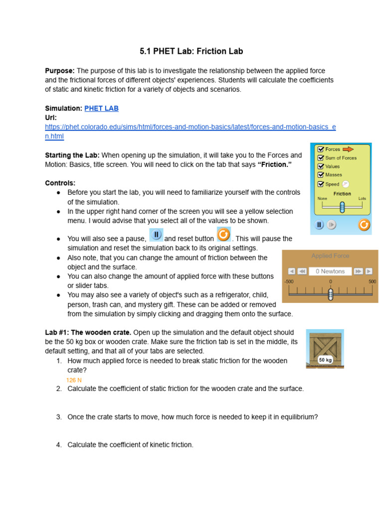 PHET Friction Lab Guide and Answers | PDF | Friction | Force