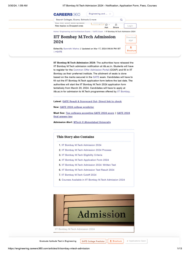IIT Bombay M.Tech Admission 2024 Dates | PDF | University And College ...