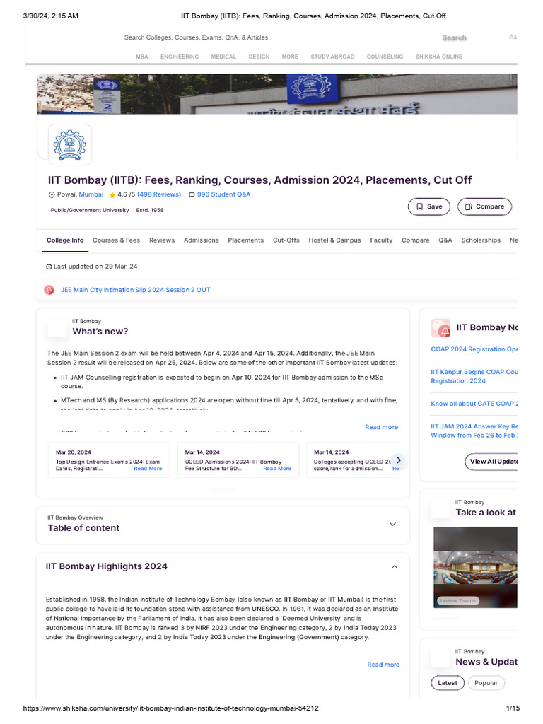 IIT Bombay (IITB) Fees, Ranking, Courses, Admission 2024, Placements