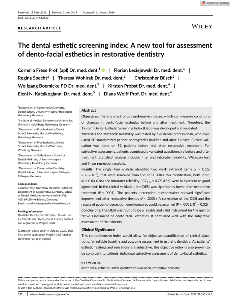 J Esthet Restor Dent 2019 Frese The Dental Esthetic Screening Index A New Tool For