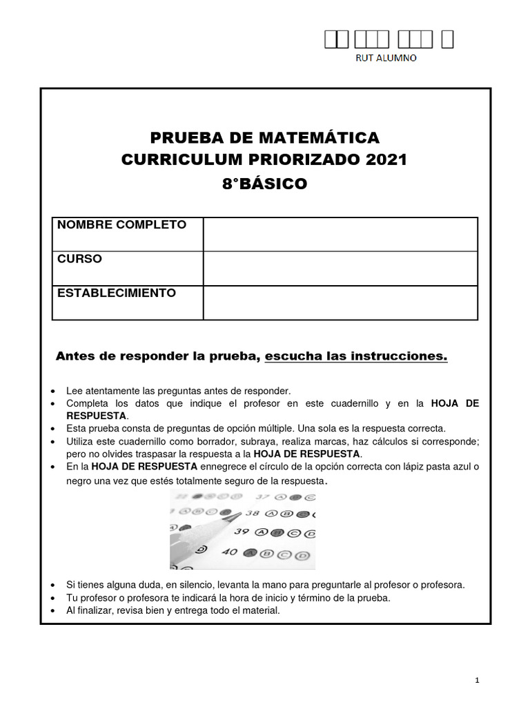 Prueba de Matemática 8° Básico 2021 | PDF | Sustracción | Matemáticas