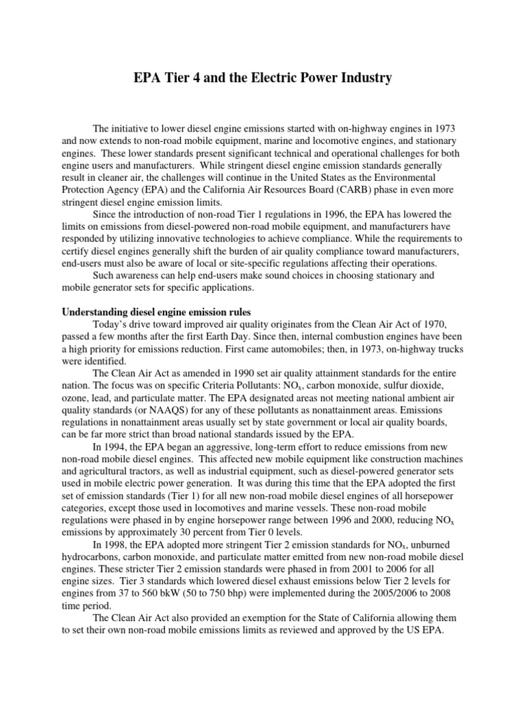 EPA Tier 4 Emissions in Power Generation | PDF | Clean Air Act (United ...