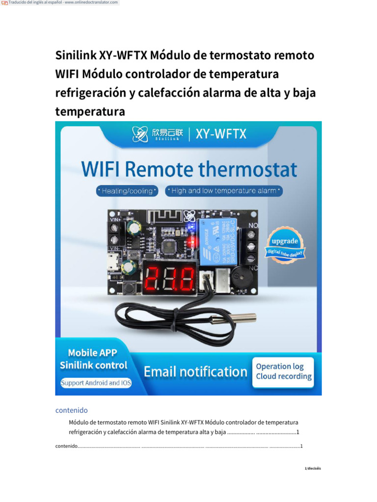 Módulo Termostato WIFI Sinilink XY-WFTX | PDF | Cambiar | Relé