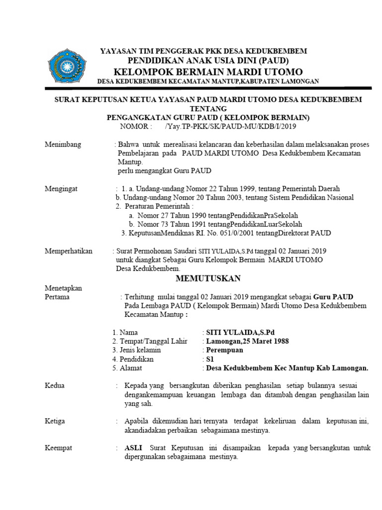 SK Pengangkatan Guru PAUD Mardi Utomo | PDF
