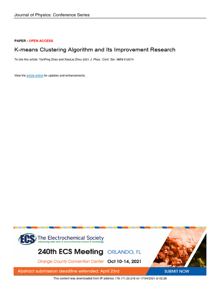 K-Means Clustering Algorithm and Its Improvement R | PDF | Cluster ...