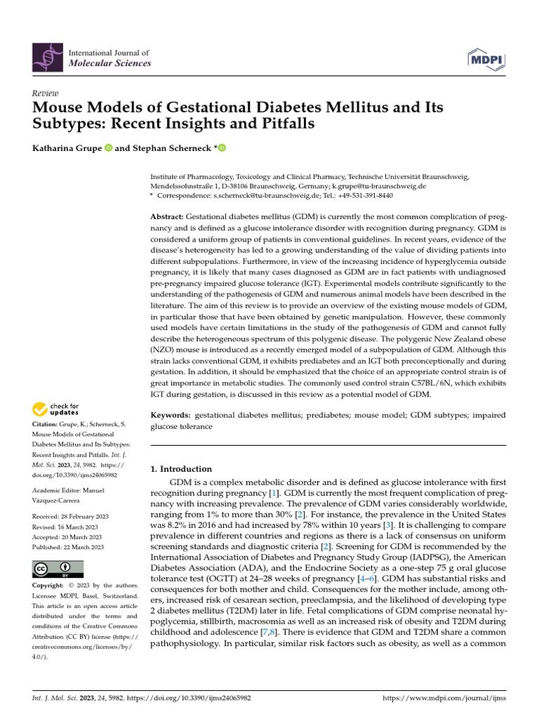 Animal Model For Gestational Diabetes PDF Gestational Diabetes
