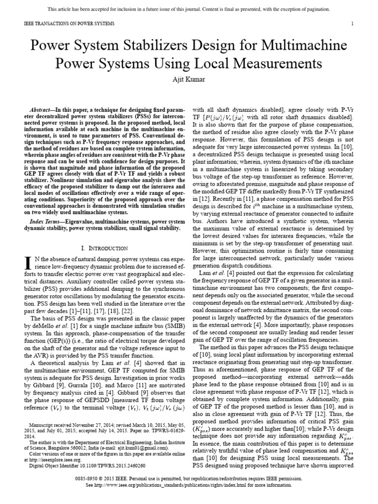 Power System Stabilizers Design For Multimachine Power Systems Using ...