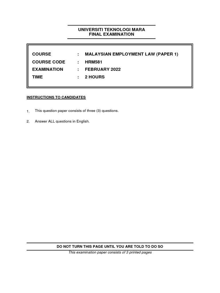 Malaysian Employment Law Exam Paper | PDF | Overtime | Employment