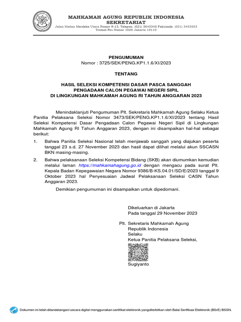 Pengumuman hasil skd pasca sanggah cpns ma ta 2023 fix sign pdf