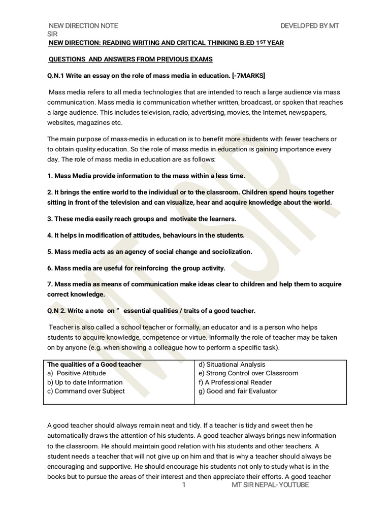 New Direction Important Question | PDF | Propaganda | Mass Media