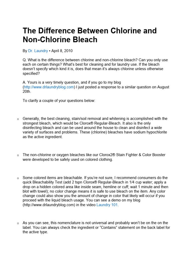 chlorine bleach vs nonchlorine bleach PDF Bleach Chlorine