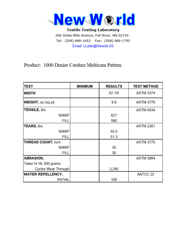 1000 Denier Cordura Testing Results | PDF | Units Of Measurement ...