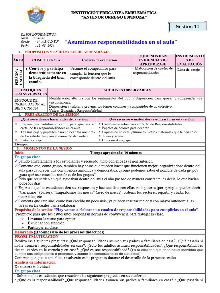 Responsabilidades en el Aula Primaria | PDF | Salón de clases | Evaluación