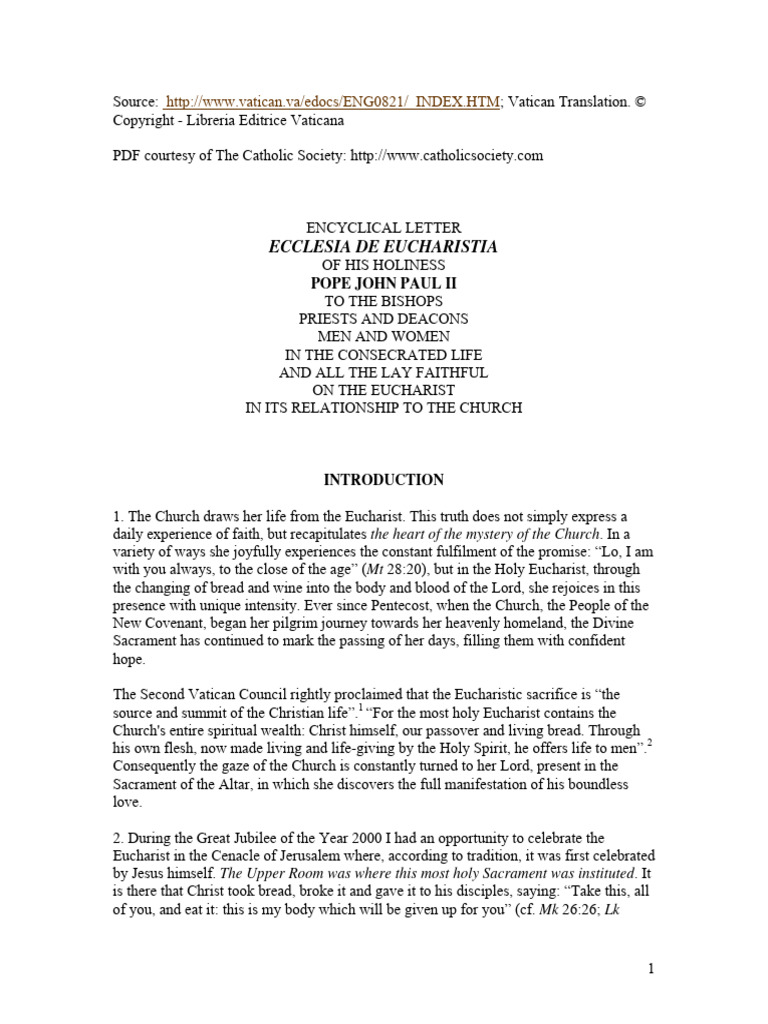 Jp2 Ecclesia De Eucharistia The Eucharist And Its Relation To The