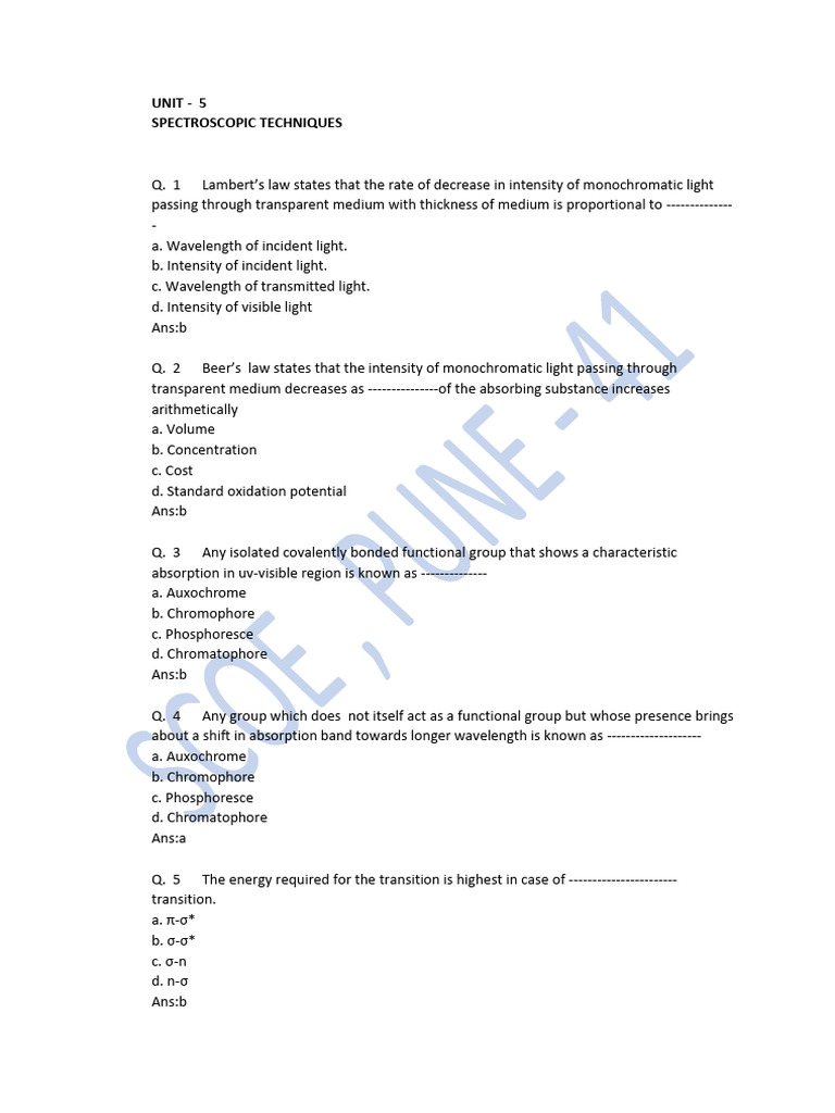 CHE(UNIT5)(MCQs) PDF Infrared Spectroscopy UltravioletVisible