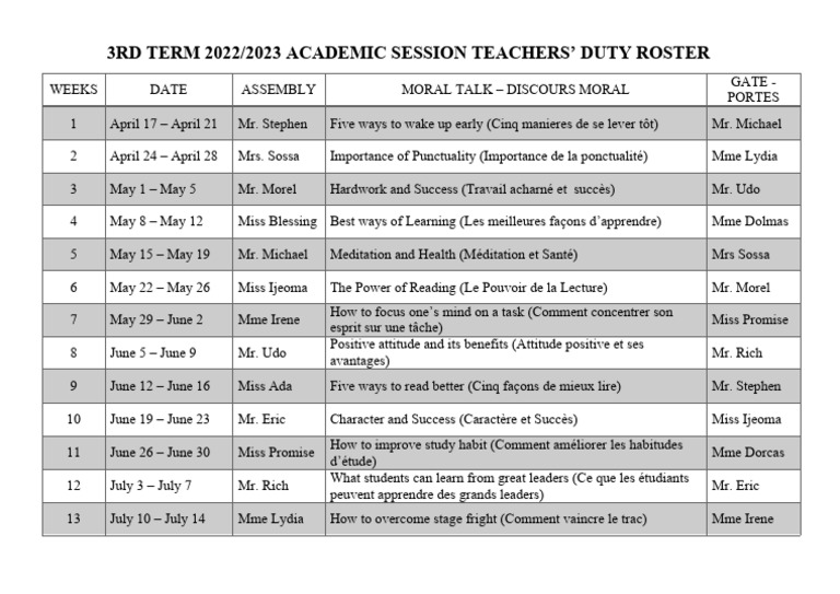 Teachers Duty Roster PDF