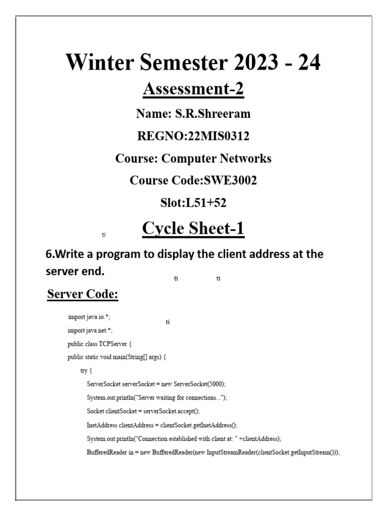22MIS0312CNLabAssessment 2 | PDF | Network Socket | Computer Science