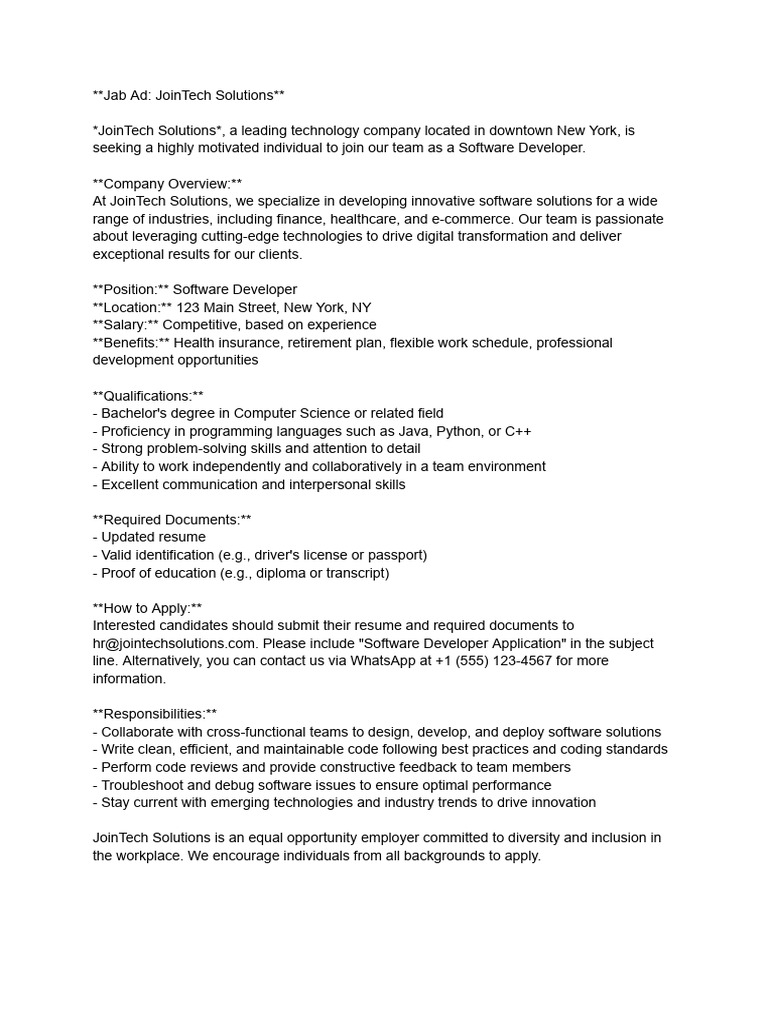 Software Developer Job at JoinTech Solutions | PDF | Business