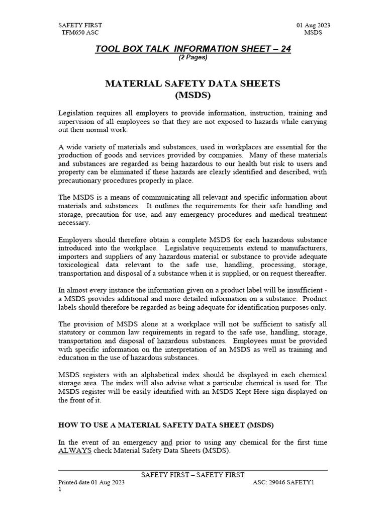 Understanding MSDS for Workplace Safety | PDF | Labor Relations | Workplace