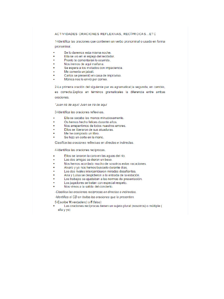 Actividad de Oraciones Reciprocas y Reflexivas. | PDF