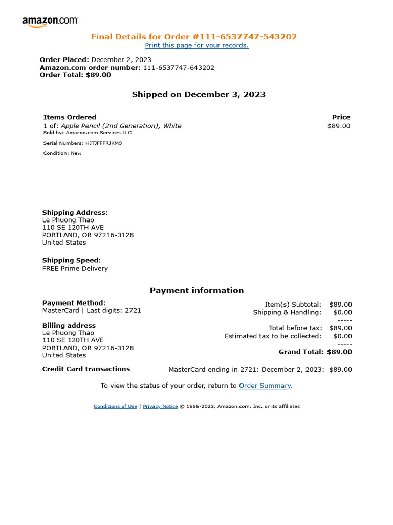Amazon Order Confirmation: Apple Pencil | PDF