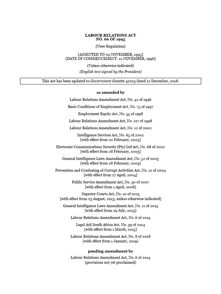 Labour Relations Act Of 1995 As Amended Pdf Labour Law Mediation
