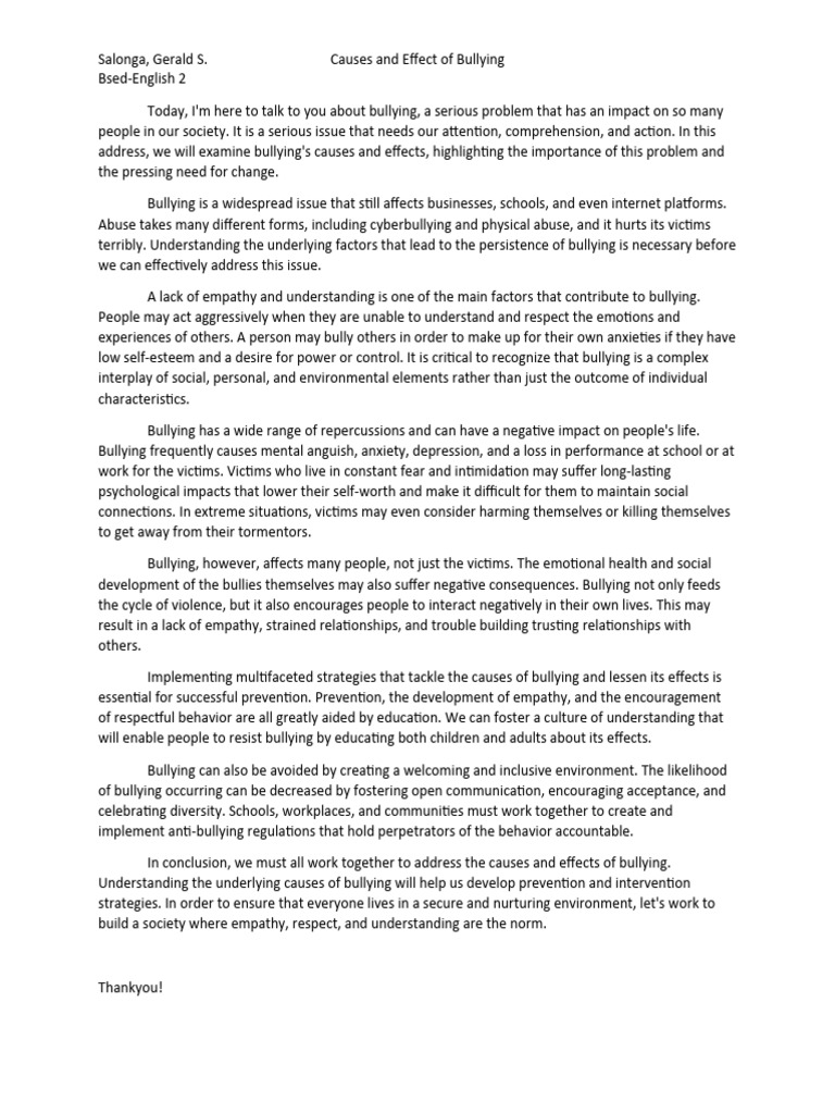 Causes and Effects of Bullying | PDF | Bullying | Cyberbullying
