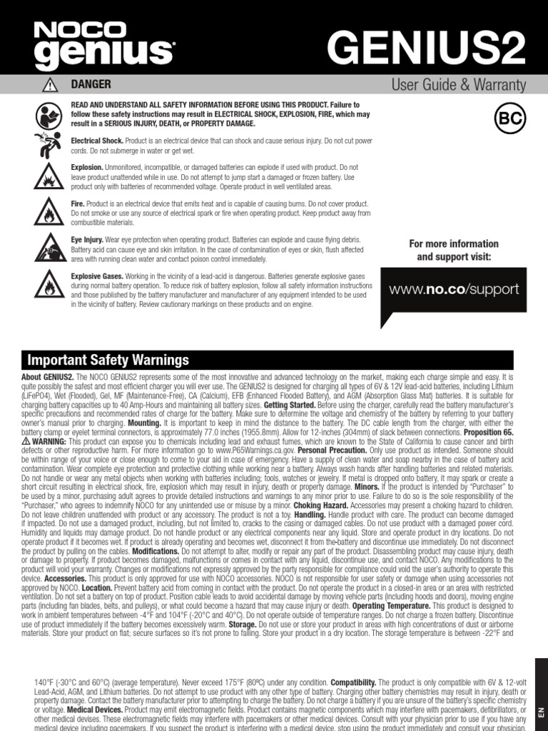 NOCO GENIUS2 User Guide & Safety Warnings | PDF | Battery Charger ...