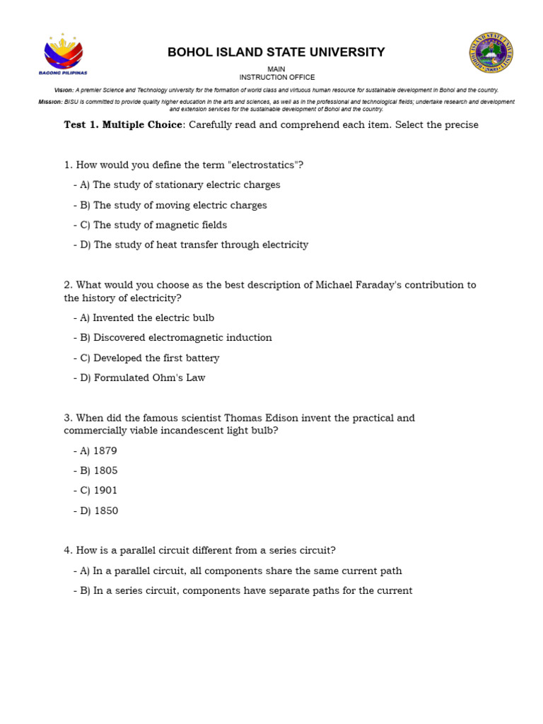 Tos Questionnaire | PDF | Series And Parallel Circuits | Electrical Network