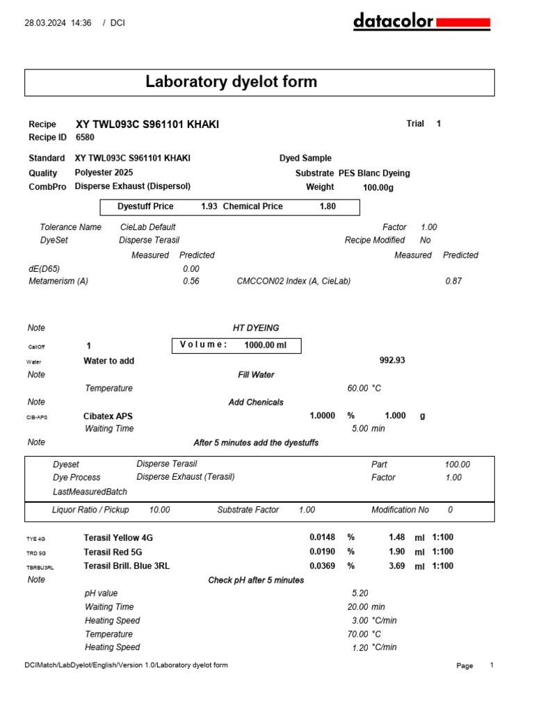 Laboratory Dyelot Form for Polyester Dyeing | PDF | Dyeing | Dye