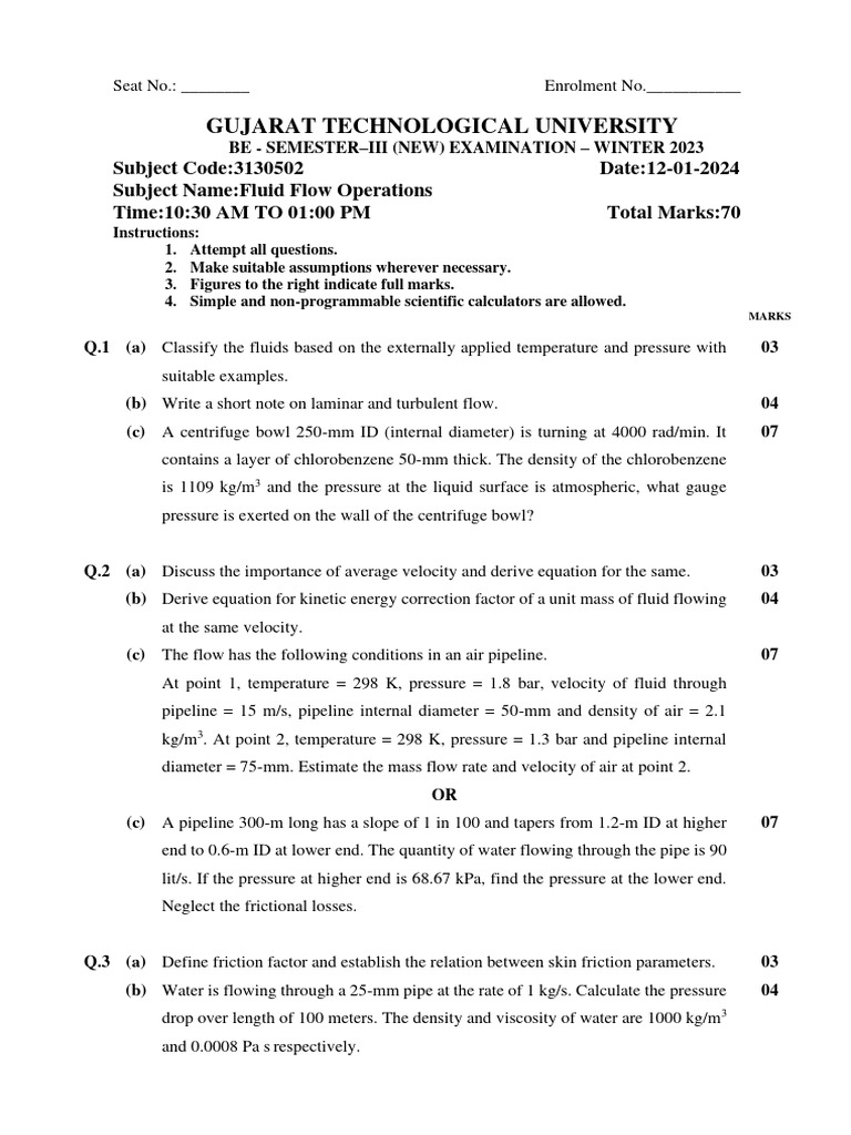 Fluid Flow Operations Exam - Winter 2023 | PDF | Fluid Dynamics | Pressure
