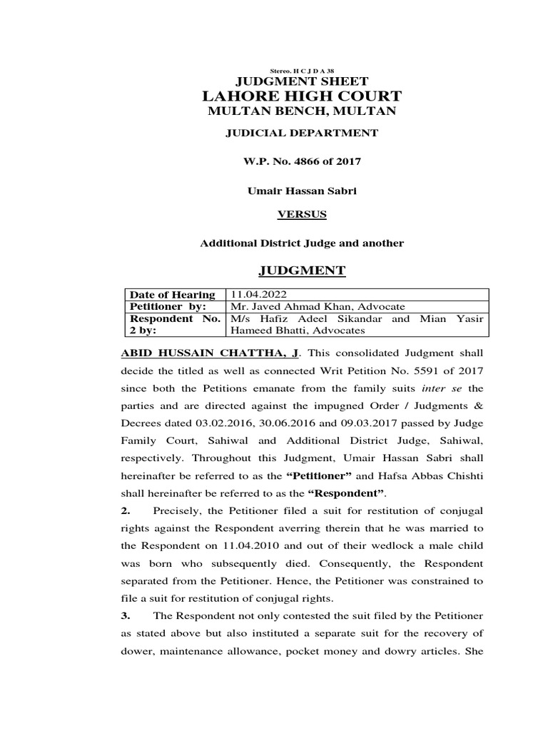 Lahore High Court Family Case Judgment | PDF | Lawsuit | Cheque