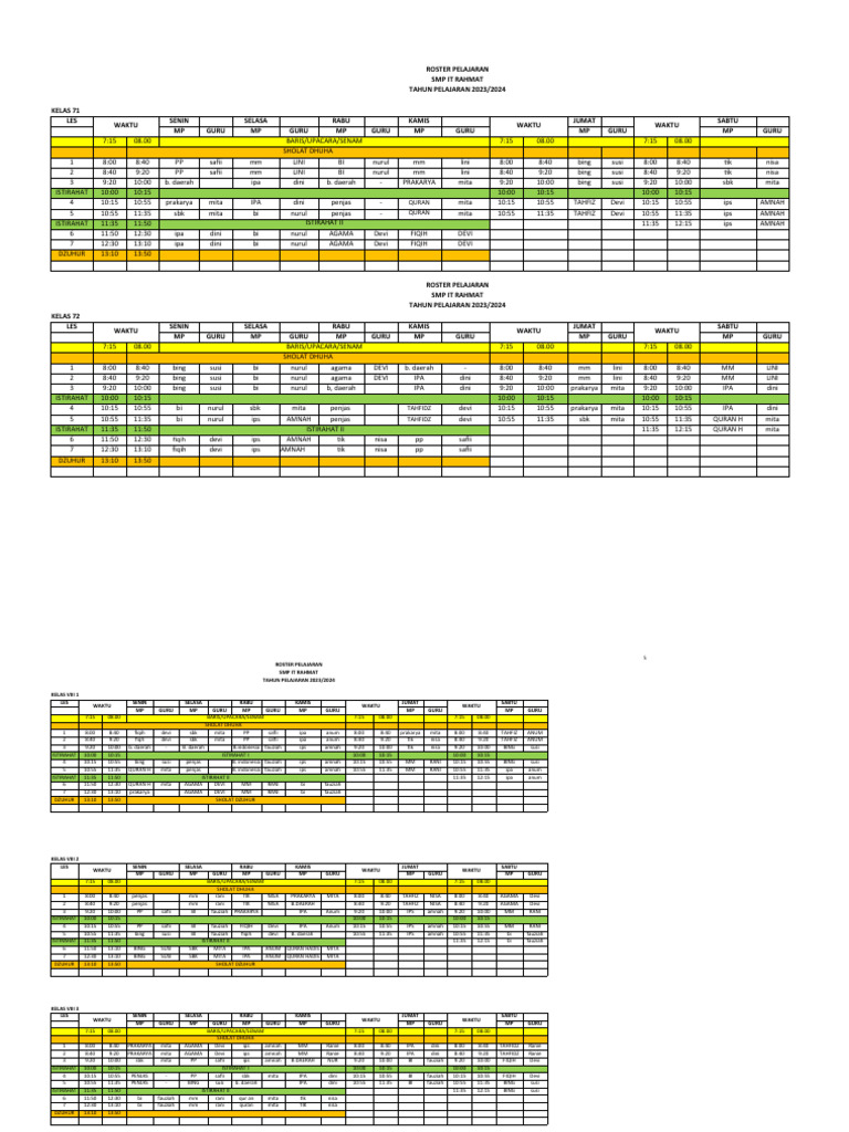 Roster Pelajaran SMP IT Rahmat 2023 | PDF