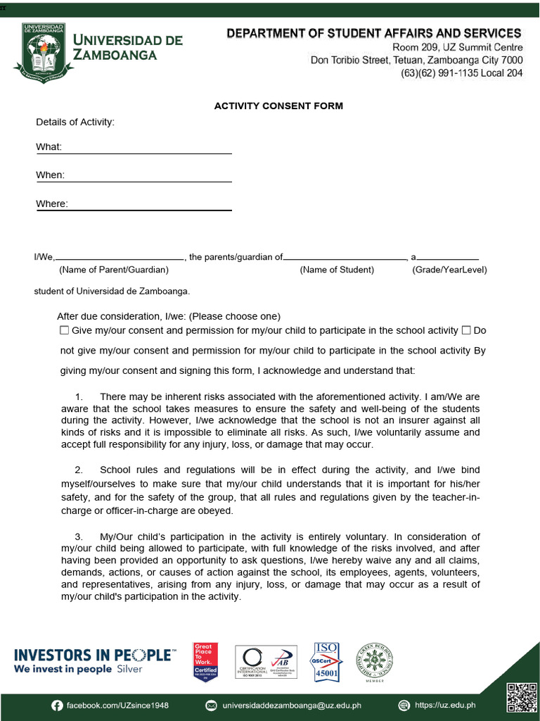 Activity Consent Form for Students | PDF | Consent | Risk