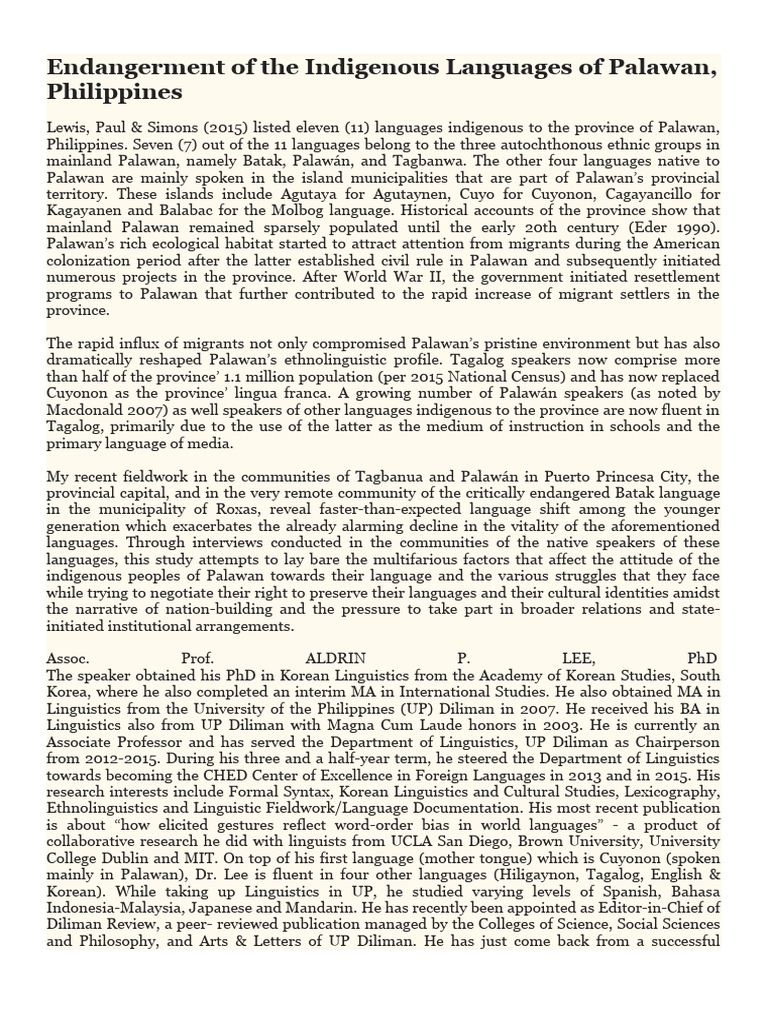 Endangerment of The Indigenous Languages of Palawan | PDF | Linguistics ...