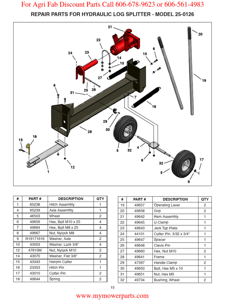 Repair Parts For Hydraulic Log Splitter - Model 25-0126: # Part ...